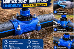 Монтаж хомутової врізки Unidelta (врізка під тиском)