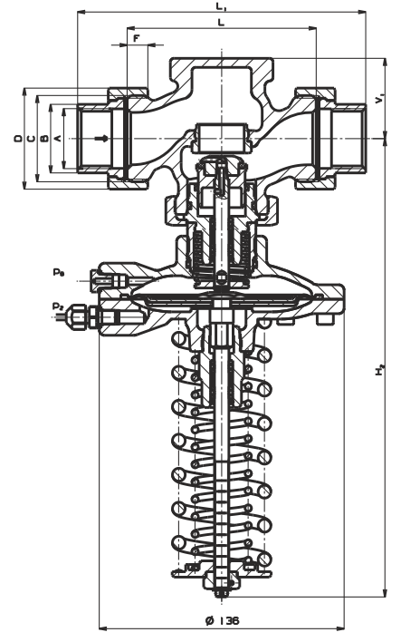 Розміри регулятора тиску LDM RD122V Ду 15